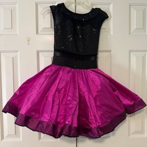 Black Sequin & Hot Pink Dance Dress – Cap Sleeve w/ Full Skirt